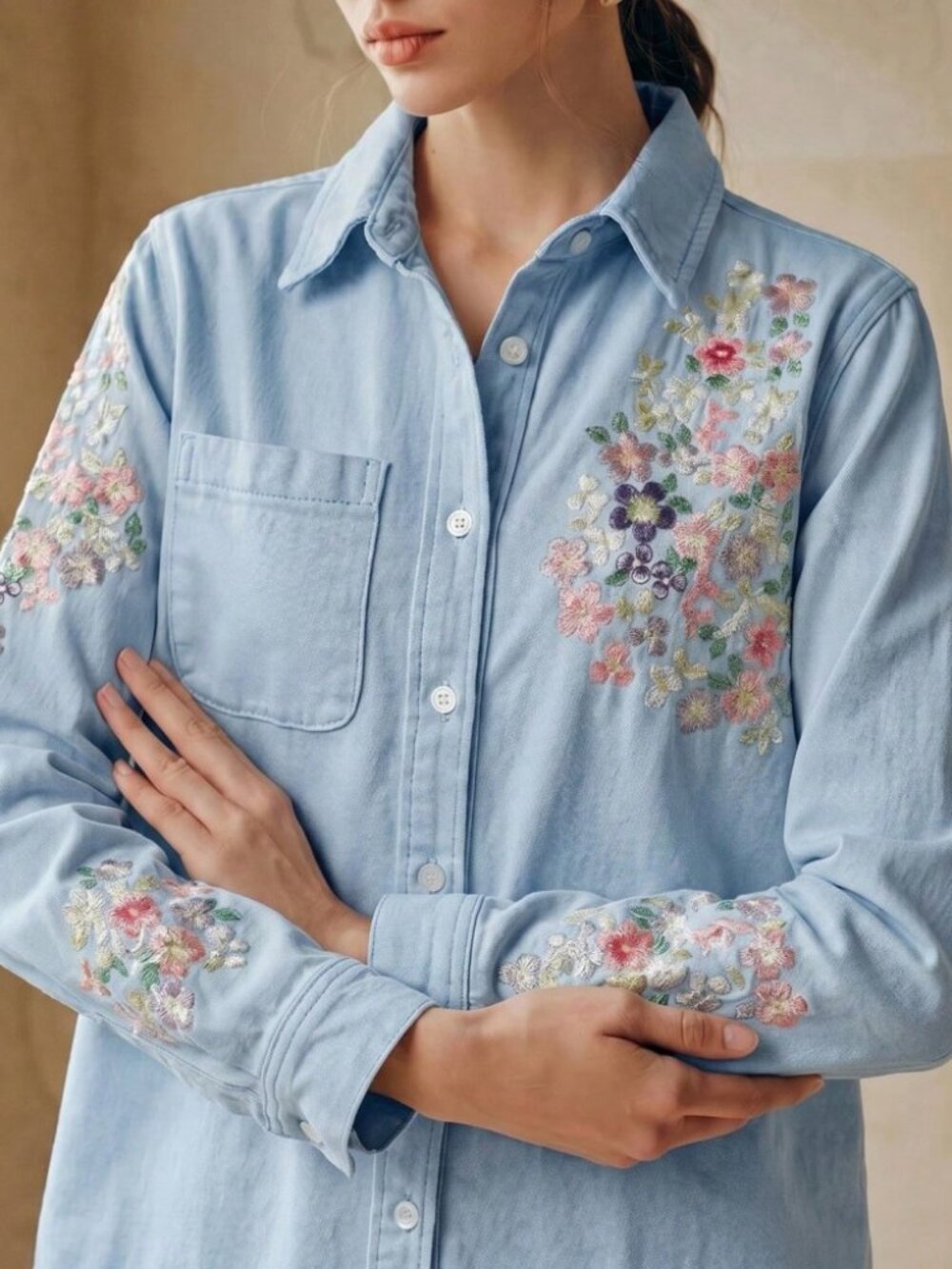 Light Blue Denim Floral Embroidered Button-Up Shirt